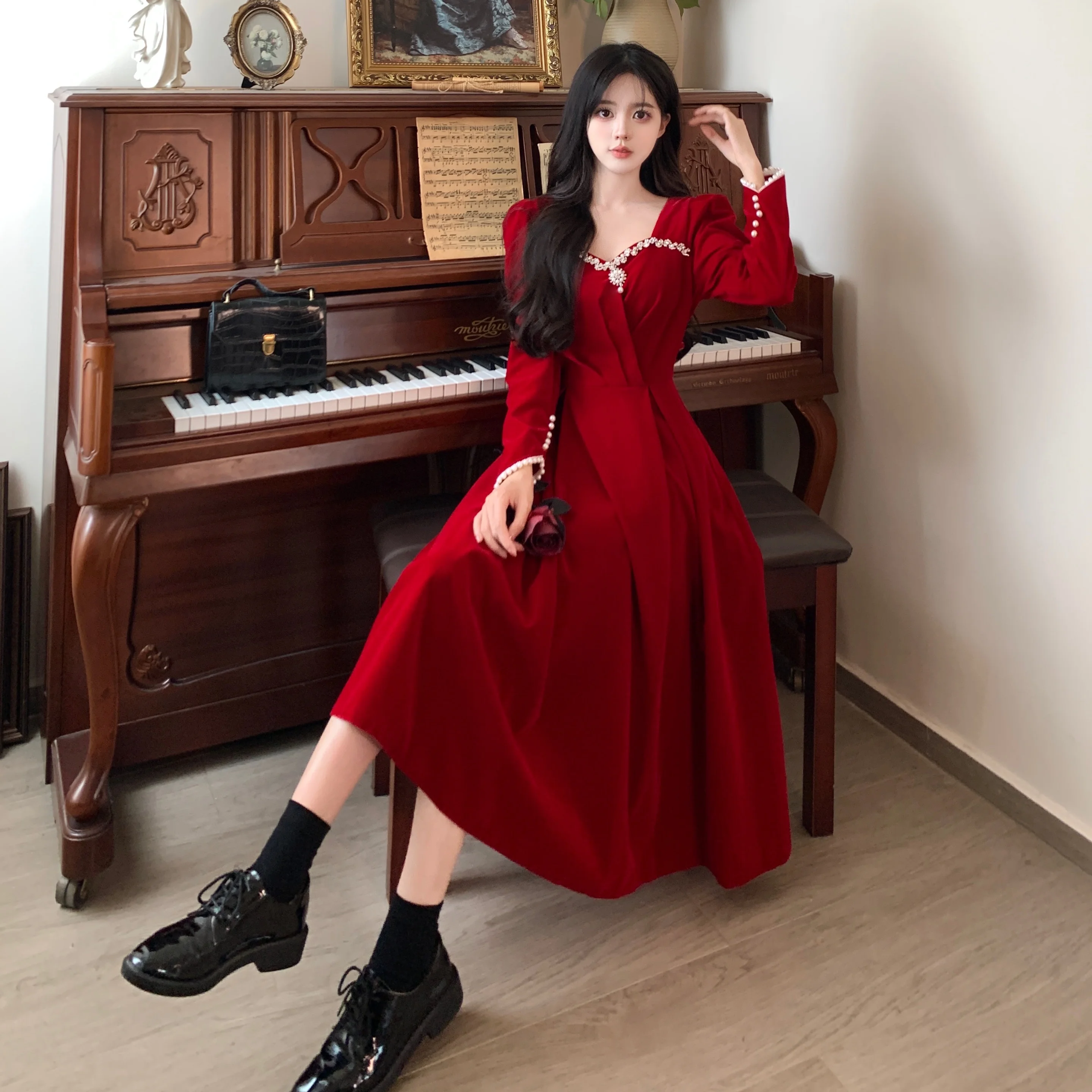 Burgundy Velvet Prom Dresses Square Collar Long Sleeve Pearl Crystal Long Engagement Dress Plus Size Female Formale Gowns