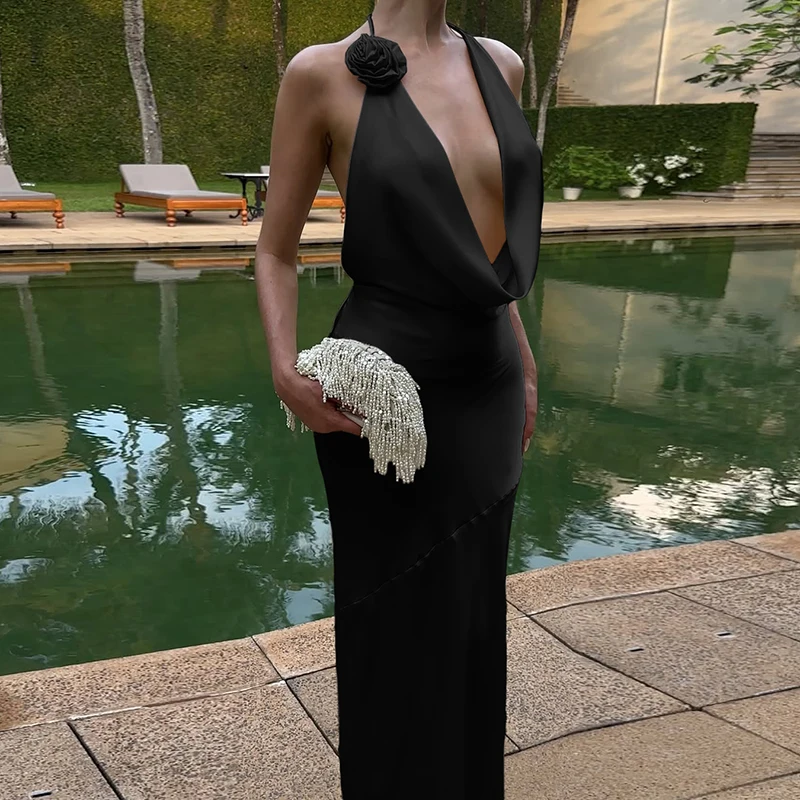 DGLUKE Halter Cowl คอซาตินชุดยาวผู้หญิงเซ็กซี่ Backless Draped Maxi ชุดหรูหราชุดราตรีชุด