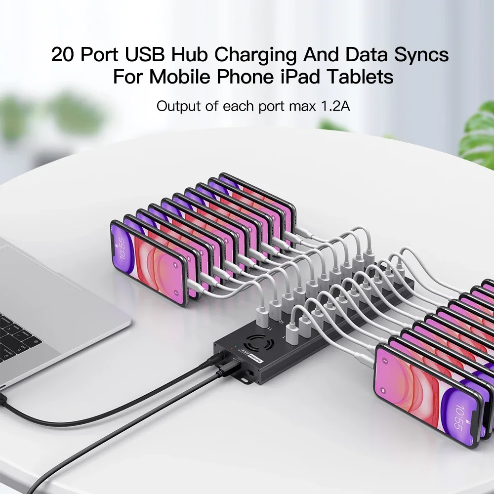 Sipolar A-805P 20 Ports USB 2.0 Charger Hub with External 12V10A Desktop Power Adapter for Data Syncs and Phone Tablets Charging