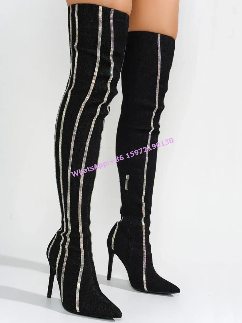 

Bling Stripes Dark Blue Boots Pointy Toe Thin Heels Side Zipper Thigh High Boots Luxury Shiny Runway Sexy Solid Shoes 2025