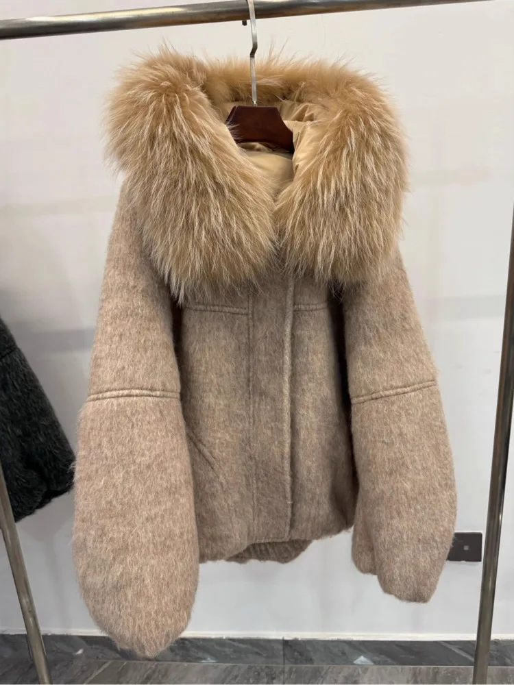 ZMEENNA المرأة مزيج الصوف معطف قصير المتضخم الفراء طوق المحاصيل سترة كاملة الأكمام الدافئة الفاخرة موضة ملابس خارجية ZM4590