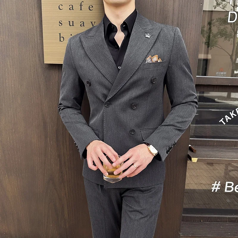 (Jacket+Pant) Fashion Double Breasted Design Men\'s Slim Fit Suits High Quality Italian Style Wedding Social Tuxedo Men Clothing