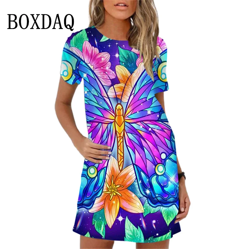 2024 New Summer Clothing Sweet Elegant Butterfly Print Women Dress Short Sleeve O-Neck Loose Casual Ladies Mini Dress Oversized