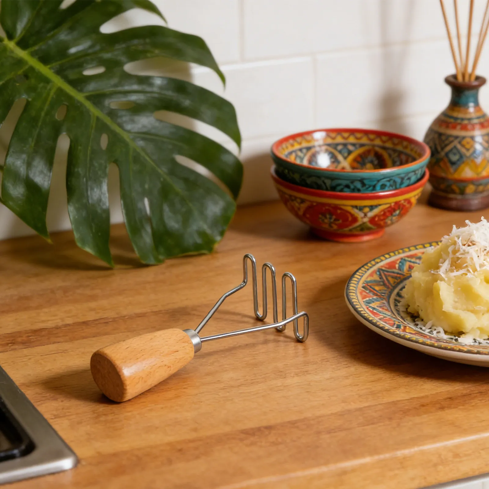 

Stainless Steel Potato Masher Wooden Handle Kitchen Tool for Baby Food Mashing Vegetable Crusher Manual Potato Presser Reusable