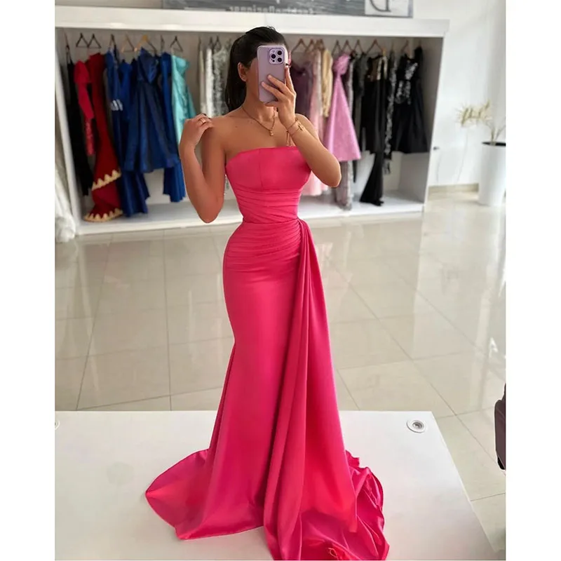 Rosy Pink Mermaid Prom Dress Strapless Evening Elegant Sleeveless Pleats Waist Decor Formal Dresses For Special Occasions