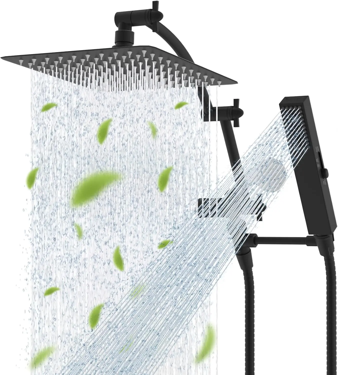 10'' Rainfall Shower Head Combo with High Pressure Handheld, 4 Sprays, Adjustable Arm & Matte Black Finish