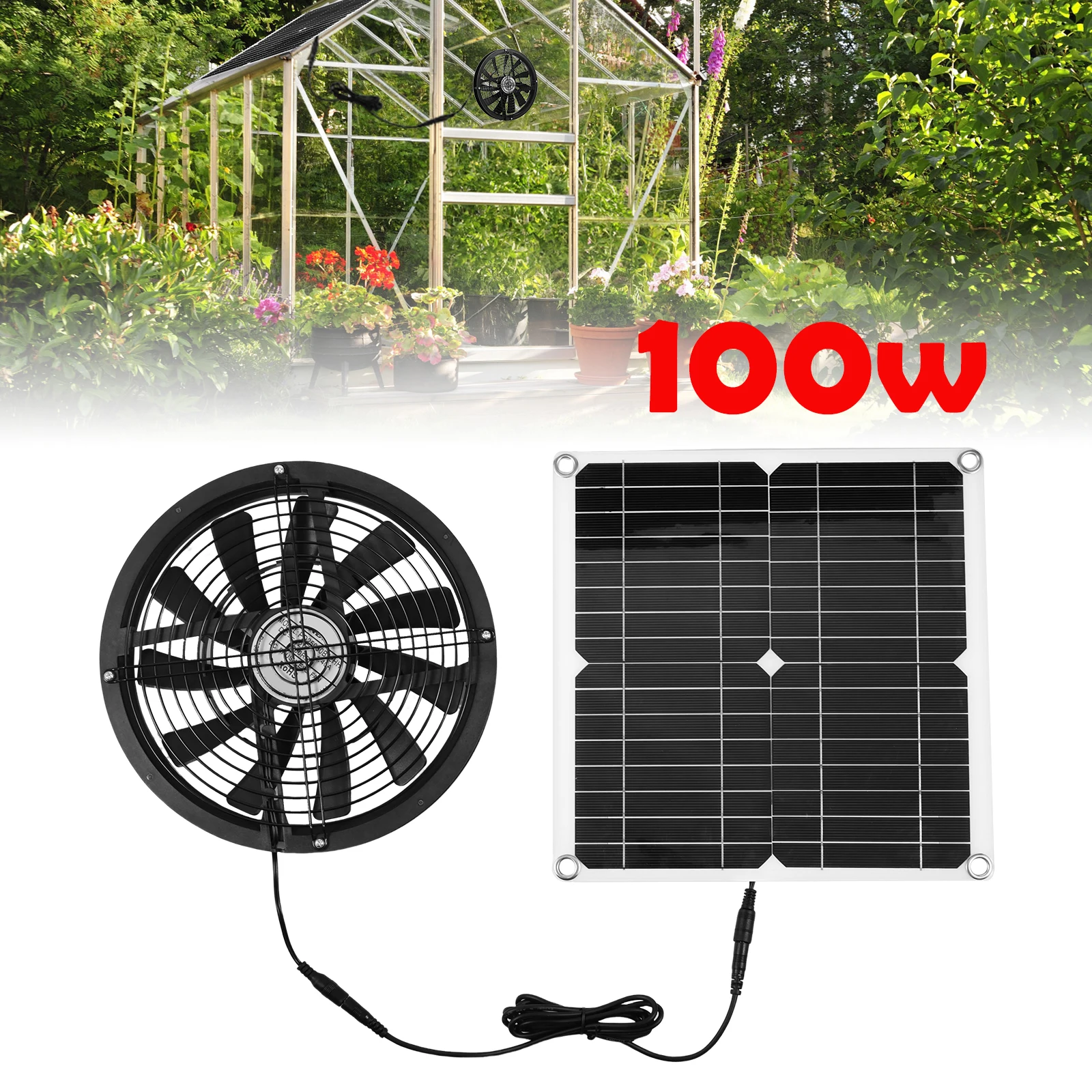 100 W Abluftventilator mit Solarpanel-Sets, rundes Lüftungsgehäuse, Abluftventilator für Hühnerstall-Gewächshaus-Schuppenventilator im Freien