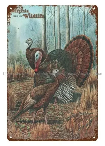 rustic wall decor 1979 Virginia Wildlife cover art turkey metal tin sign