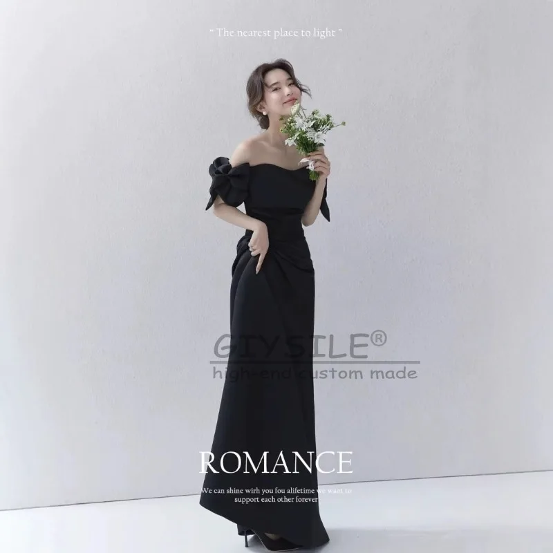 GIYSILE Customized High-grade Wedding Dress Retro Hepburn Style Black Satin  TshionSimpl E One-shoulder Party Dress Strap Back