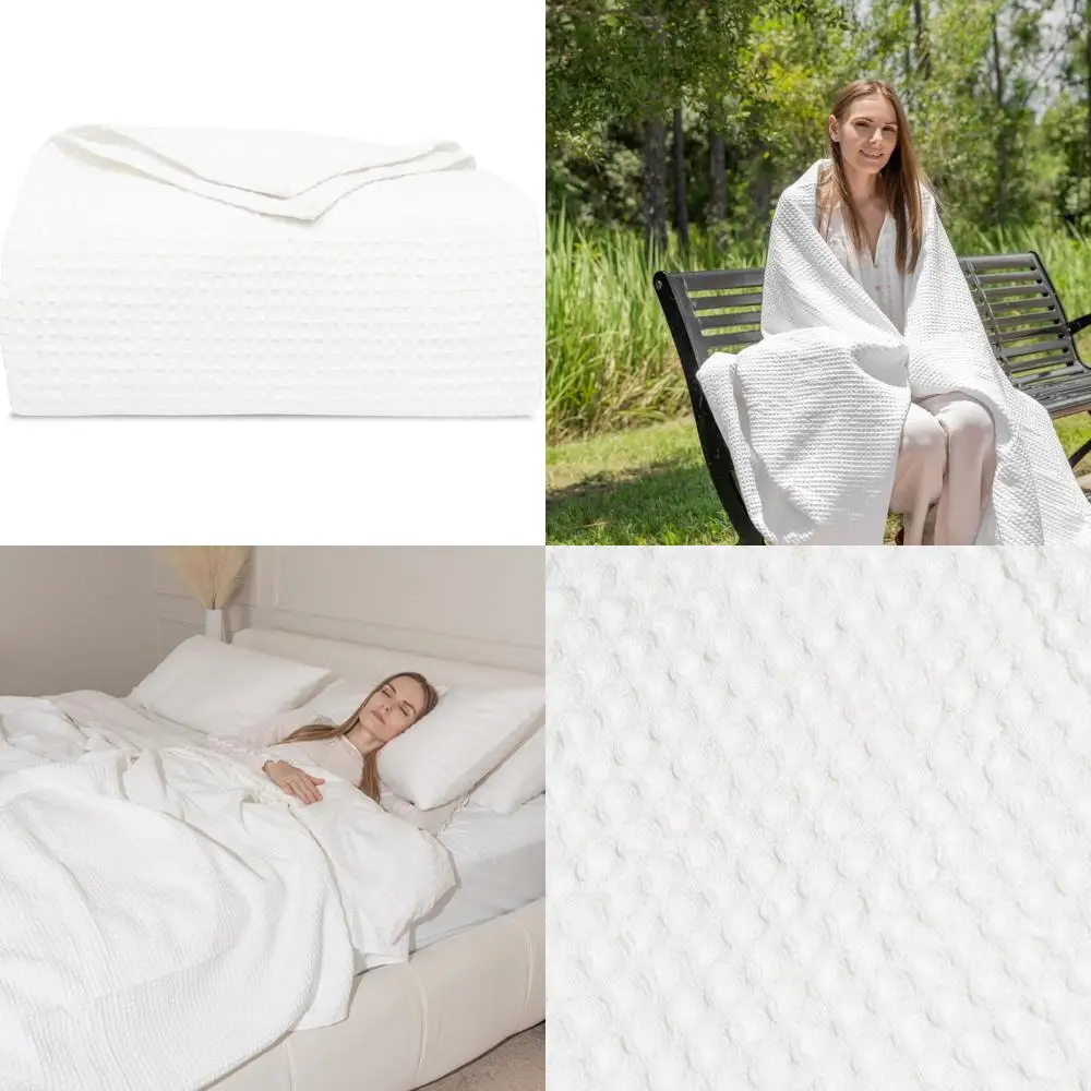 بطانية توأم بيضاء من القطن العضوي - نسج الوافل، 100% قطن عضوي، بطانية خفيفة الوزن قابلة للتنفس للأسرّة المزدوجة والتوأم XL