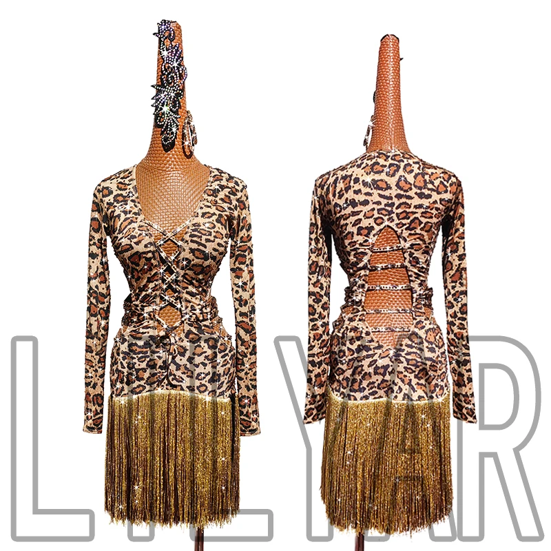 New Latin Dance Dress Competition Performance Adult Leopard Print Two-Color Fringe Flash Diamond Long Sleeve Dance Dress