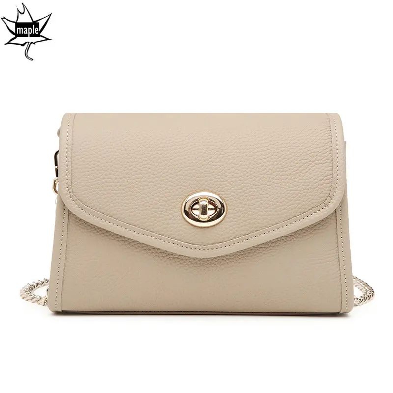 Stylish All-match Chain Strap Crossbody Bag Cowhide Leather Women Messenger Bag Small Kakhi Ladies Daily Dating Pouch