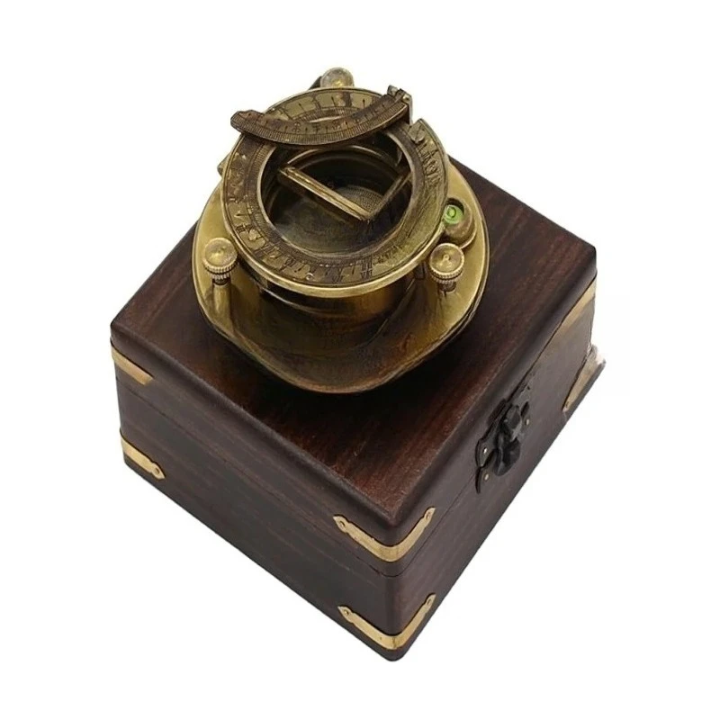 

Butler's Unique Vintage Brass Compass Pocket Guide Sundial Hands Wooden Case Hiking Navigation Equipment