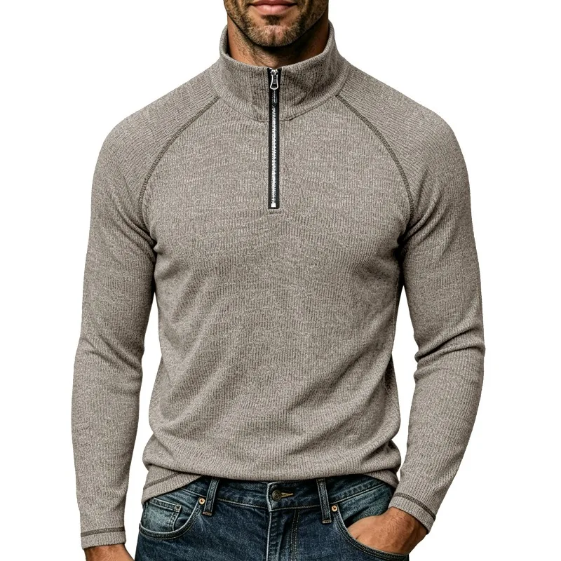 Men's Elastic Tactical Zipper Top Simple Cross-border New Men's Outdoor Sports High-neck Long-sleeved Threaded Base Layer Shirt
