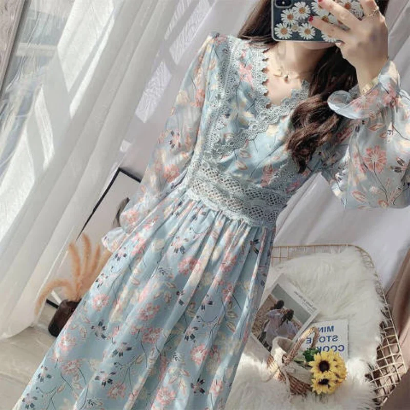 Autumn Fashion New Long Sleeved Lace Printed Chiffon Dress V-neck Waistband Patchwork Ruffles Shirring Slim Elegant Long Dresses