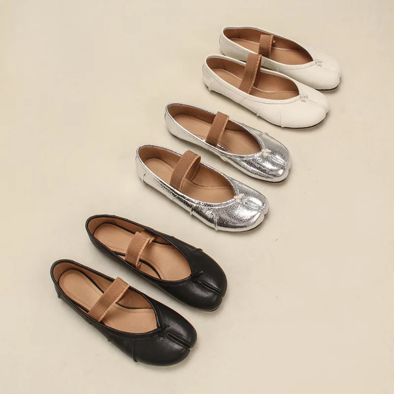 

2024 autumn new women's shoes sheepskin shallow mouth split toe fold loop with flat ballet single shoes