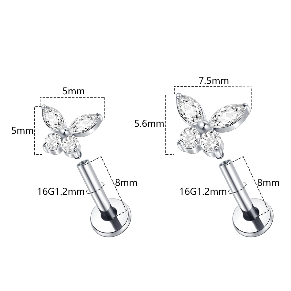 1pc Titanium Butterfly Zircon Helix Earrings for Women Internally Threaded Labret Stud Nose Tragus Piercing Body Jewelry