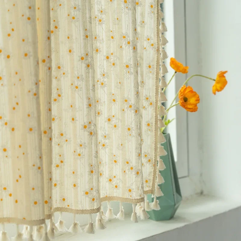 Simple Cotton Daisy Short Curtain Road Pocket Shade Floral Tassel For Kitchen Bedroom Living Room Bay Window Cabinet Curtain