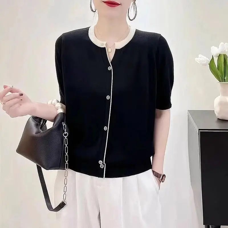 

Summer Lightweight Patchwork V-neck Button Women Knit Cardigan Lazy Loose Casual Cardigan Short-sleeved Top T-shirt