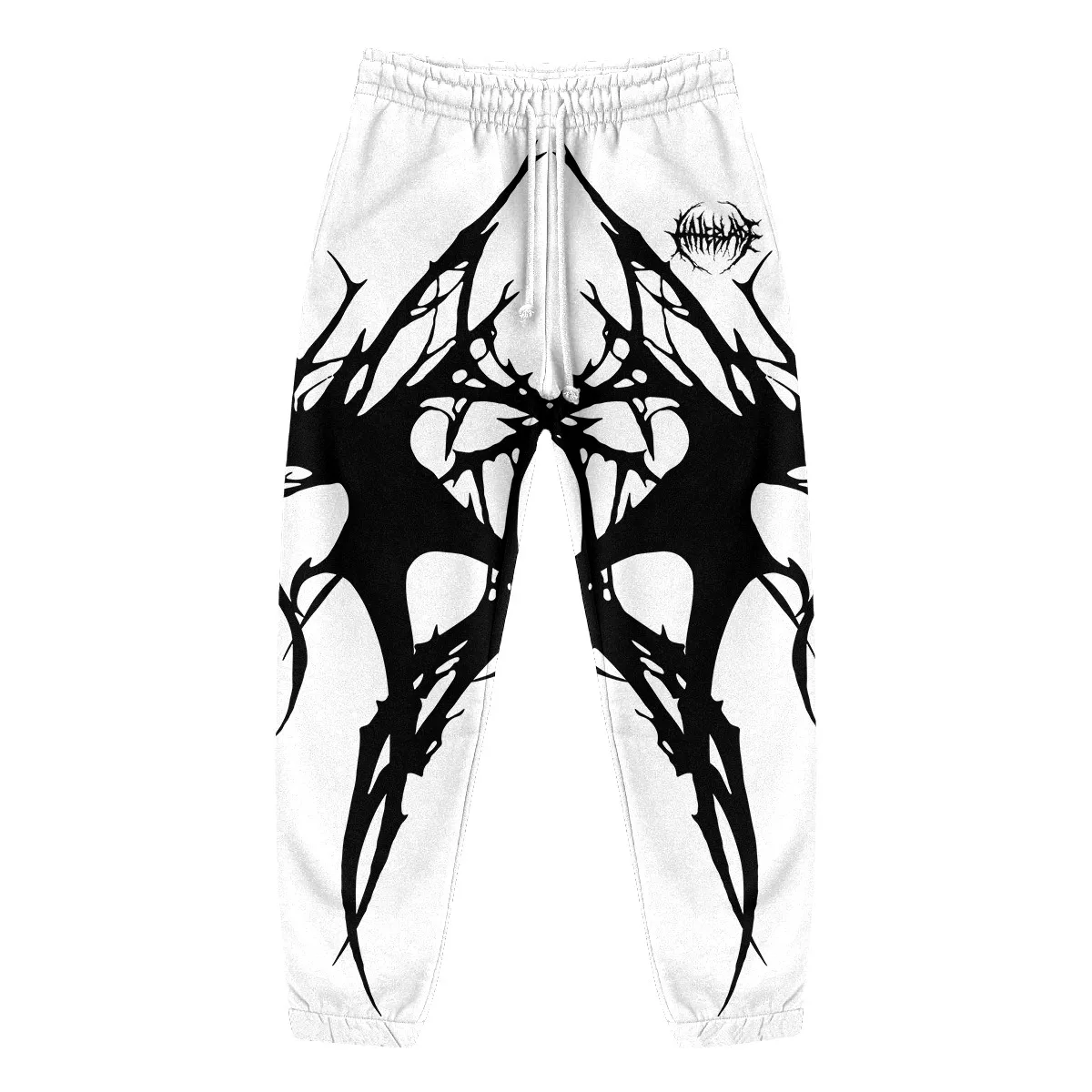 Unisex Black and White Joggers Featuring Rugged Gothic Thorn-spike Pattern and Dark Metal-style Streetwear Drawstring Design.