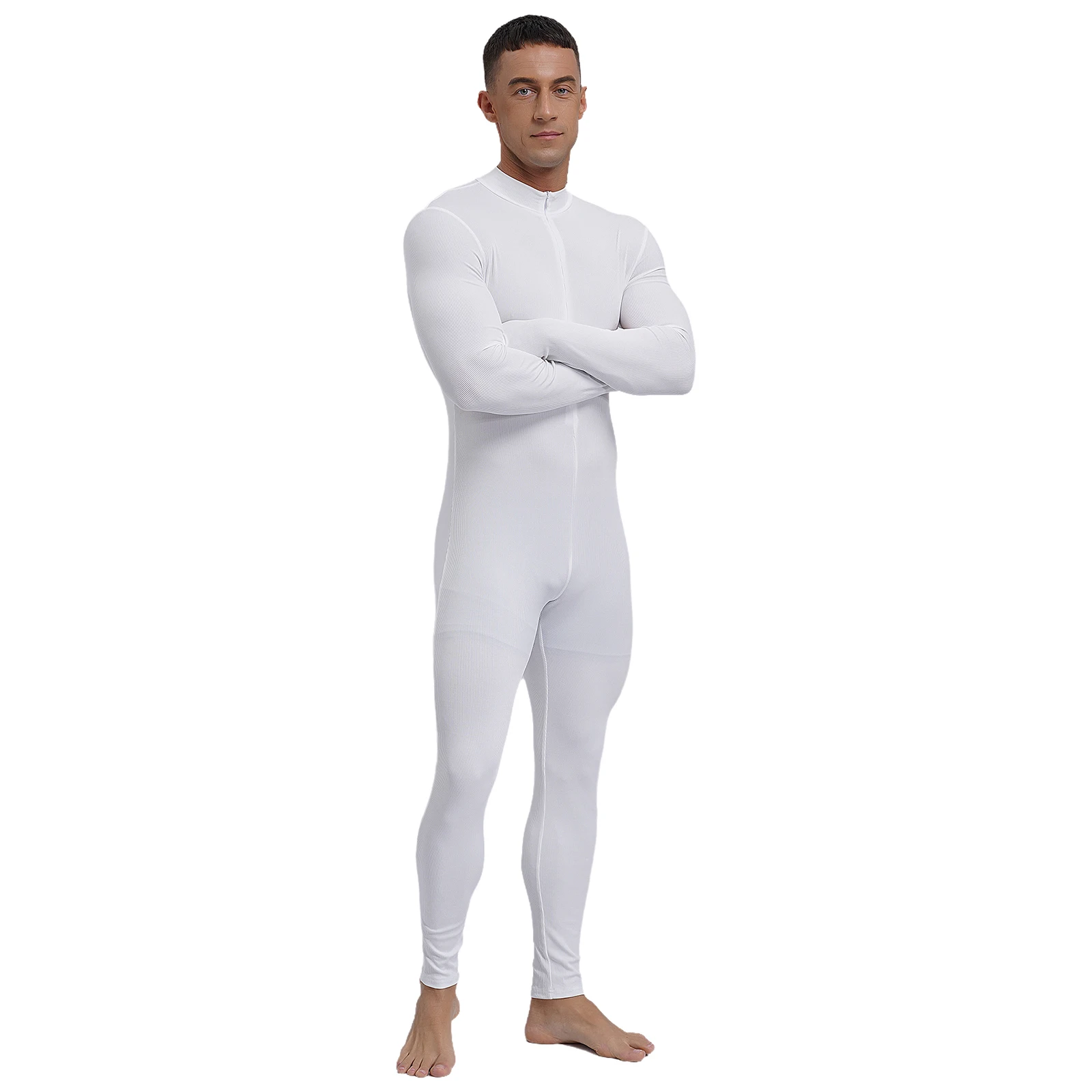 Tuta da ginnastica da uomo tinta unita Athletic Unitard pantaloni lunghi maschili pagliaccetti con cerniera anteriore per allenamento Yoga Gym body