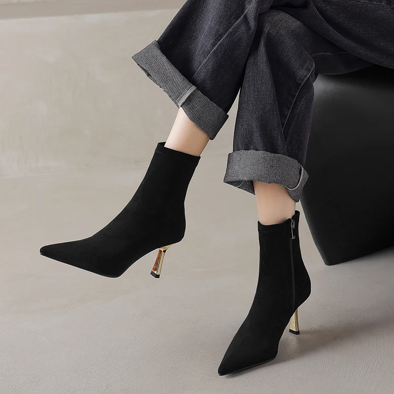 2024 New Autumn Women Boots Pointed Toe High Heel Shoes Women Concise Zipper Stretch Boots for Women Fall Shoes