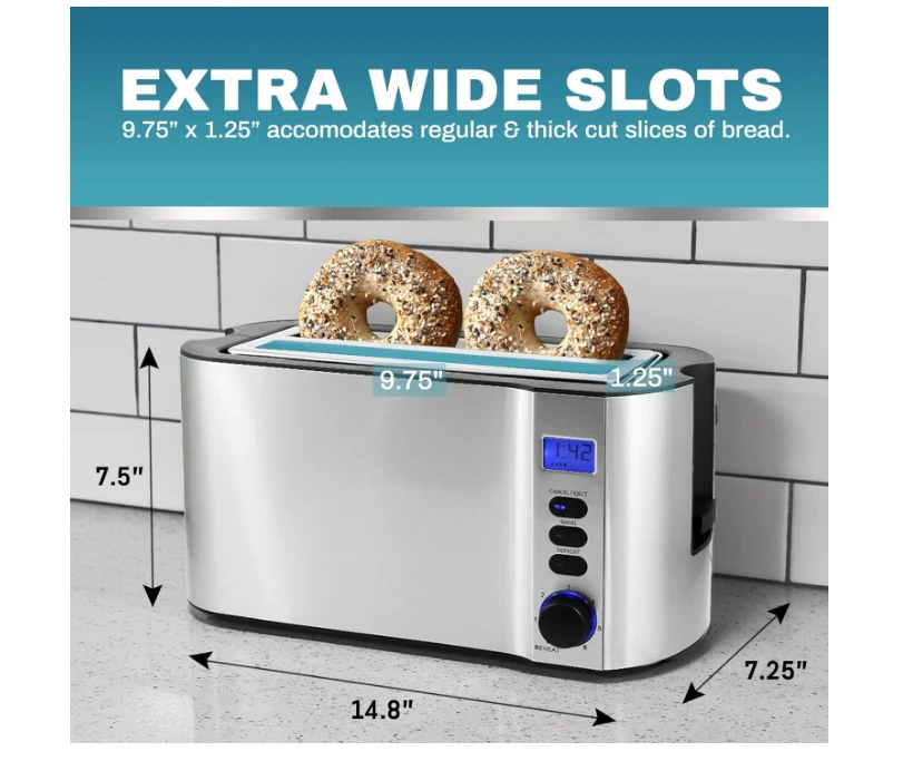 Long Slot 4 Slice Toaster, Countdown Timer, 6 Toast Setting, Defrost, Cancel Function, Built-in Warming Rack, Stainless Steel