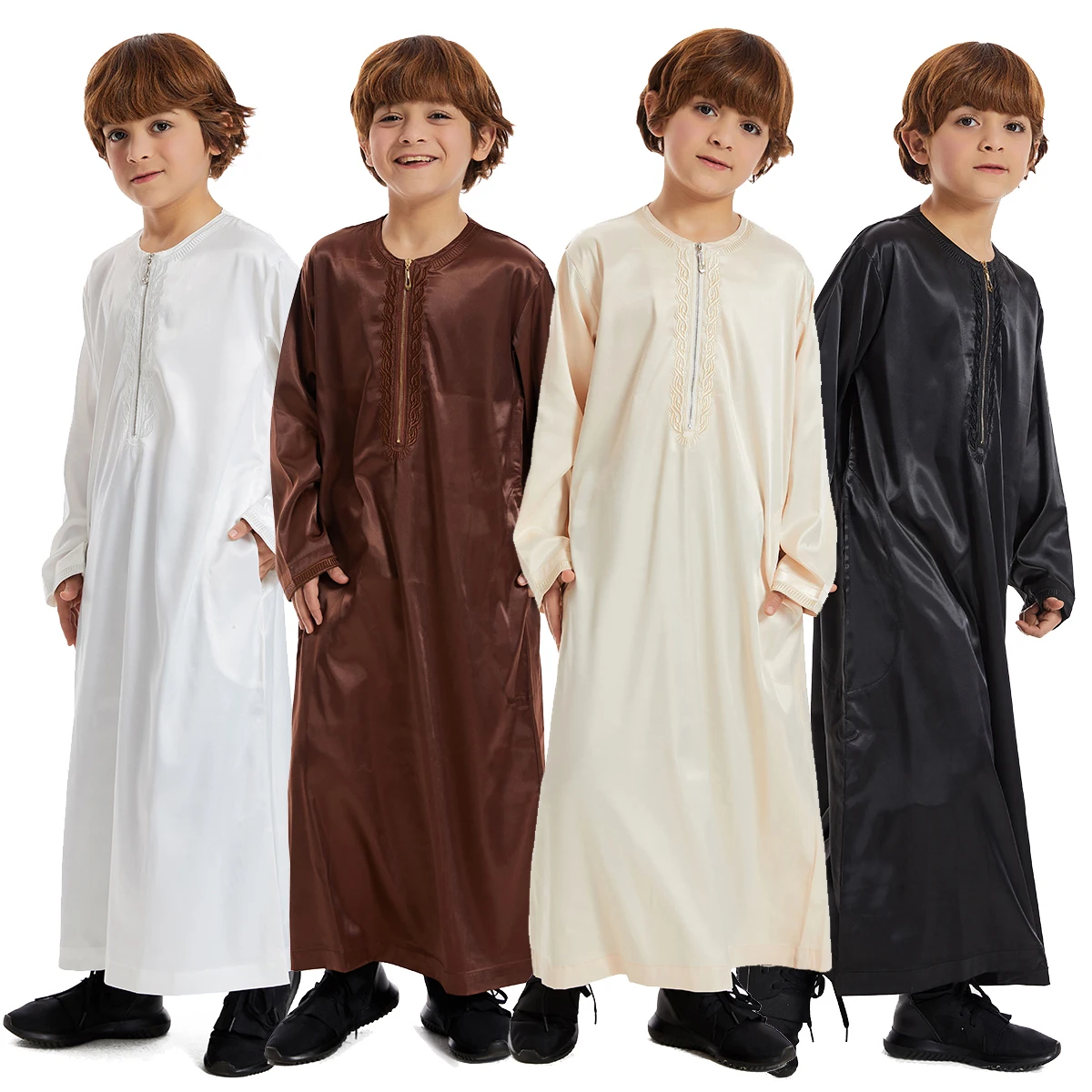 Front Zipper Fashion Embroidery Muslim Boys Thobe Abaya For kids Islamic Dress Saudi Arabia Dubai Turkey Malay Abayas TH880