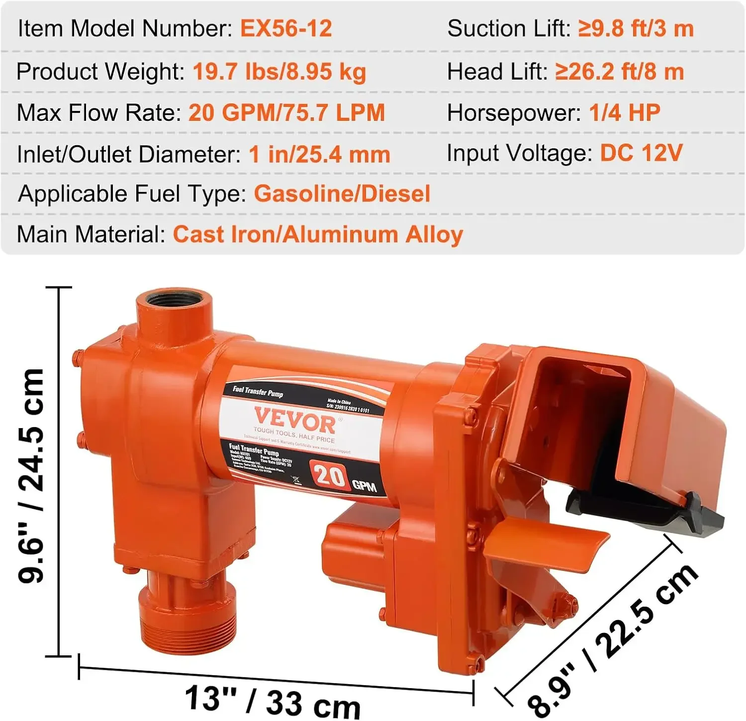 Fuel Transfer Pump, 12V DC 20 GPM 1/4 HP, High Flow Cast Iron Gasoline Extractor Pump with Fuel Collection Box Design
