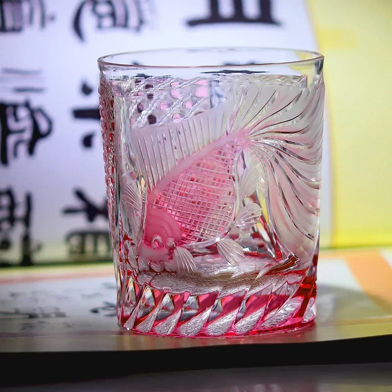 Hand Carved Crystal Whiskey Glass with Pink Goldfish Design Elegant Red Wine Goblet Unique Gift for Home Bar Decor Luxury