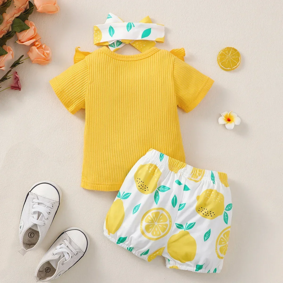 Toddler Baby Girls Clothes Summer Solid Short Sleeve Top +Lemon Printed Shorts 2Pcs Set Infant Fashion Clothes Outfit