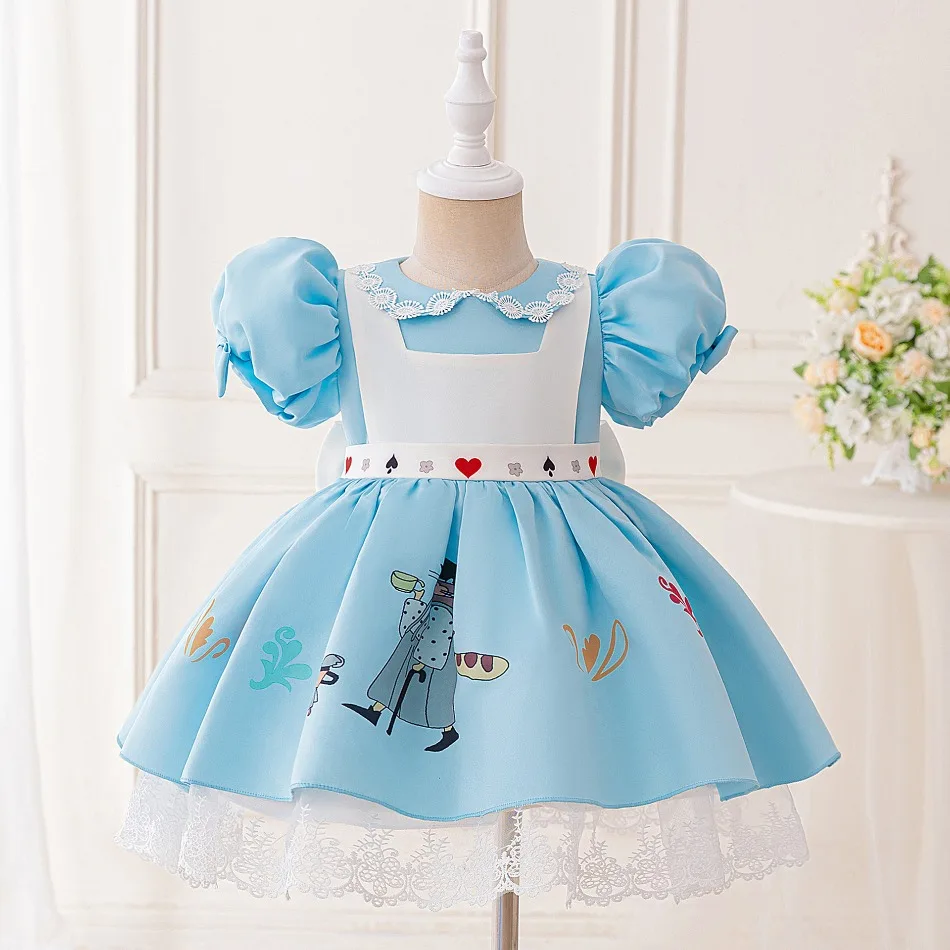 Girls Alice Dress Up Costume Puff Short Sleeve Apron Cartoon Print Lace Hem Playing Card Kids Halloween Carnival Birthday ASQ03