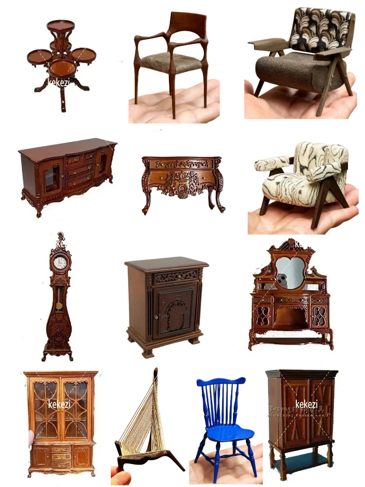 1:12 Dollhouse European Furniture Decorative Miniatures Scene Mini Carved Table Chair Computer Office Desk Chair Furniture