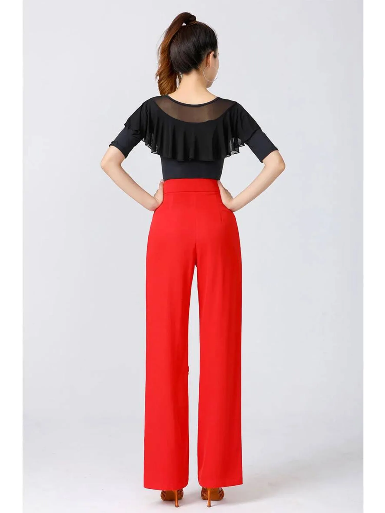 سروال رقص عالي الخصر وواسع الساق مع خصر ربطة عنق - بنطلون متدفق بلون سادة، بنطال جاز فاخر لأداء قاعة الرقص الحديث