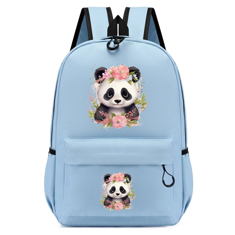 Mochila con estampado de Panda y flores para niños, morral escolar de dibujos animados para adolescentes, niños y niñas, mochila de guardería