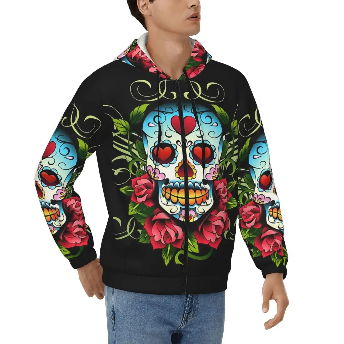 

Толстовка на молнии с сахарным черепом «День мертвых», пуловер в стиле Харадзюку, осень-зима, мужская и женская толстовка, топы с длинными рукавами