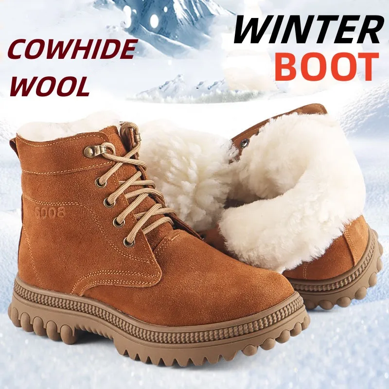 

Fashion Men's Cowhide Boots Warm Wool Plush Fur Winter Boot Outdoor Walking Snow Hiking Soft Shoes Anti-collision Toe Work Shoe