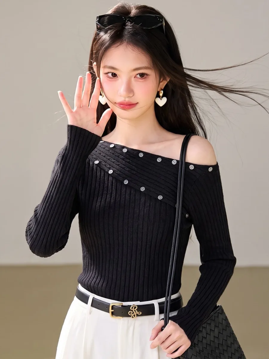 Elegant Long Sleeve Asymmetrical Knitted Top Women's Inner Wear Coffee Color Autumn Design Ladies Fashion Shoulder Baring Swe...