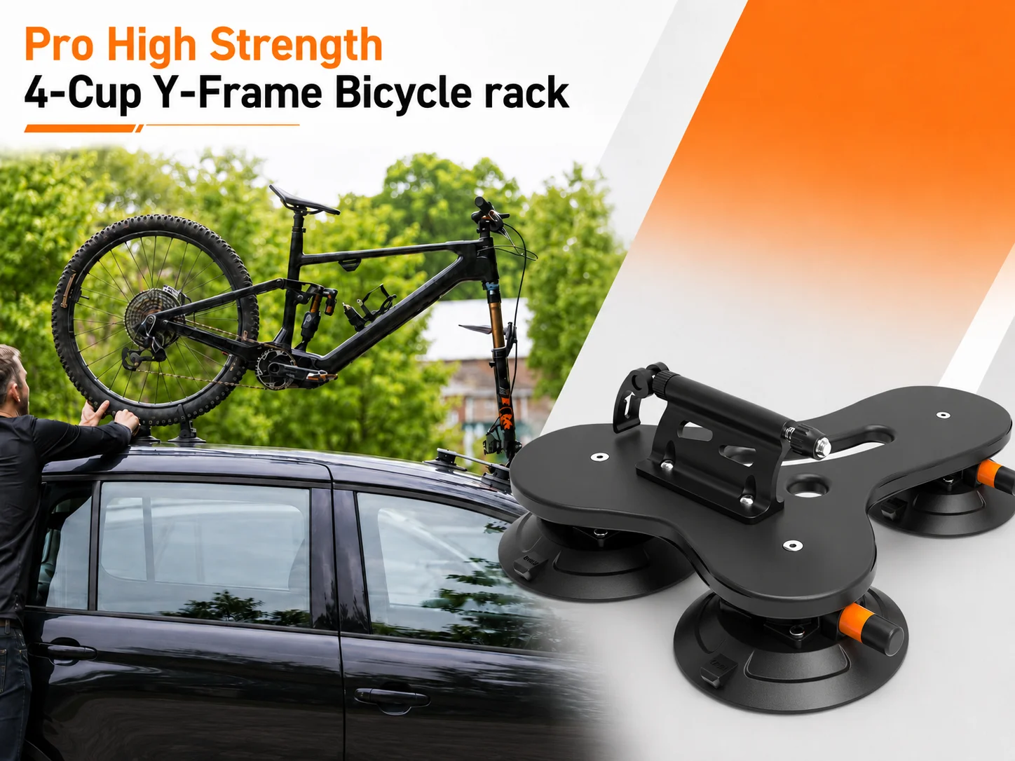 Portable Lightweight Industrial Grade 3-Cup S-Frame Quick Setup No-Drill Paint-Safe Sedan SUV Travel Suction Cup Bike Rack 6in