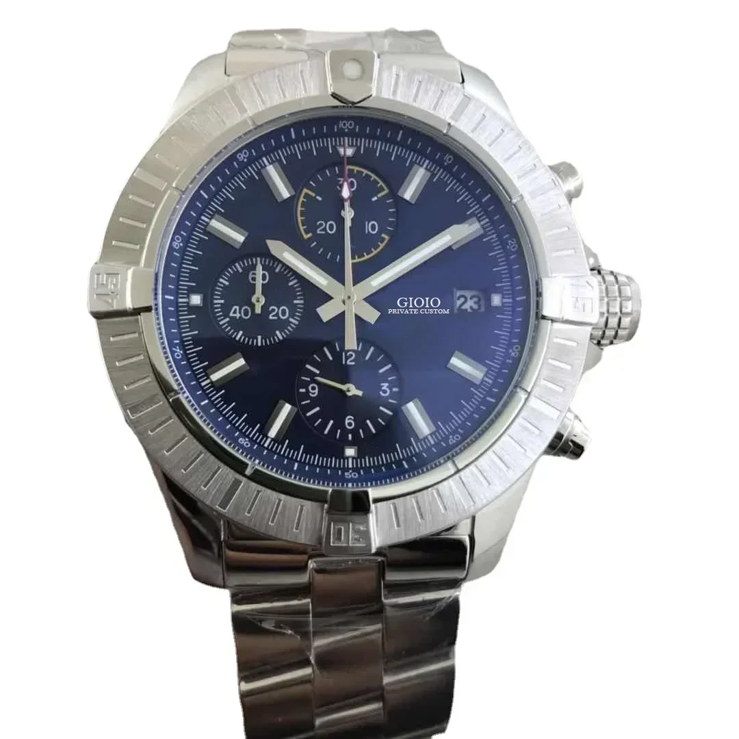 Luxury Mens Quartz Chronograph Watch Stainless Steel Sapphire Rotatable Bezel Blue Black Dial