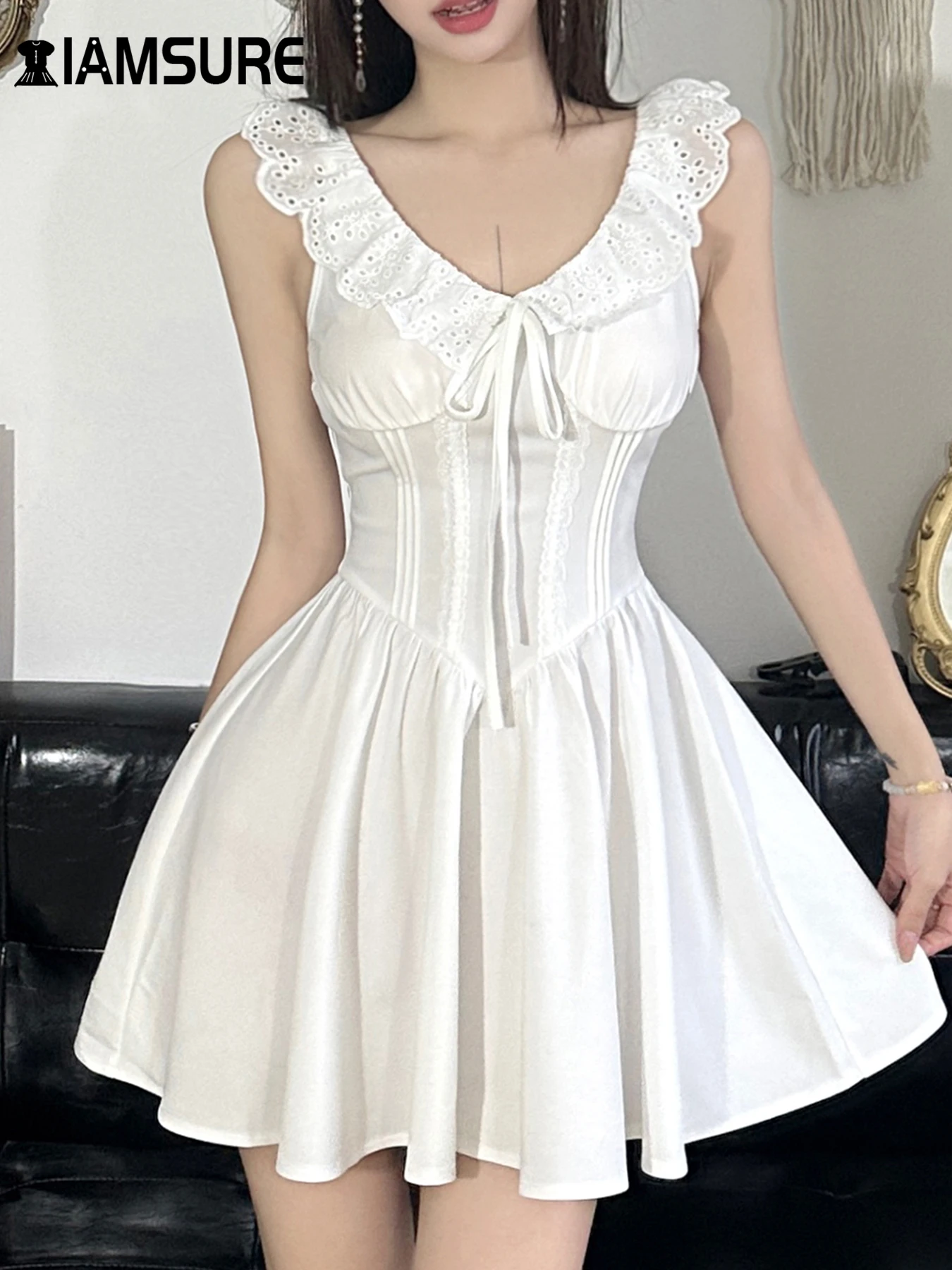 

IAMSURE Sweet Solid Lace Trim A-Line Dress Sexy Slim Deep V-Neck Short Sleeve Mini Dresses For Women 2024 Summer Fashion Ladies