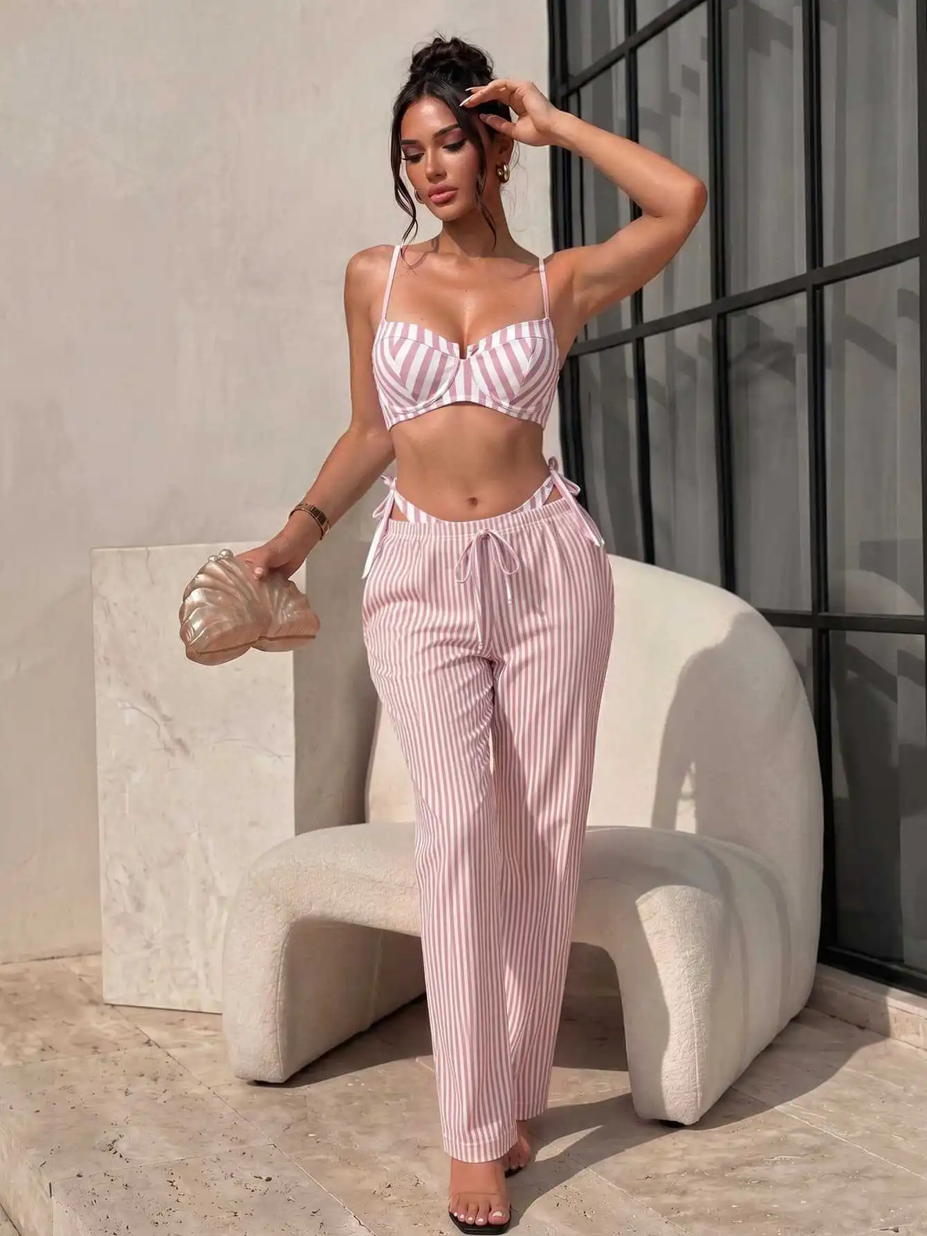 Striped Underwire Bikini With Pants Set 2027 Women 3Pcs Swimsuit Fashion Lady Lace Up Biquini Swimwear Female Beach Bathing Suit