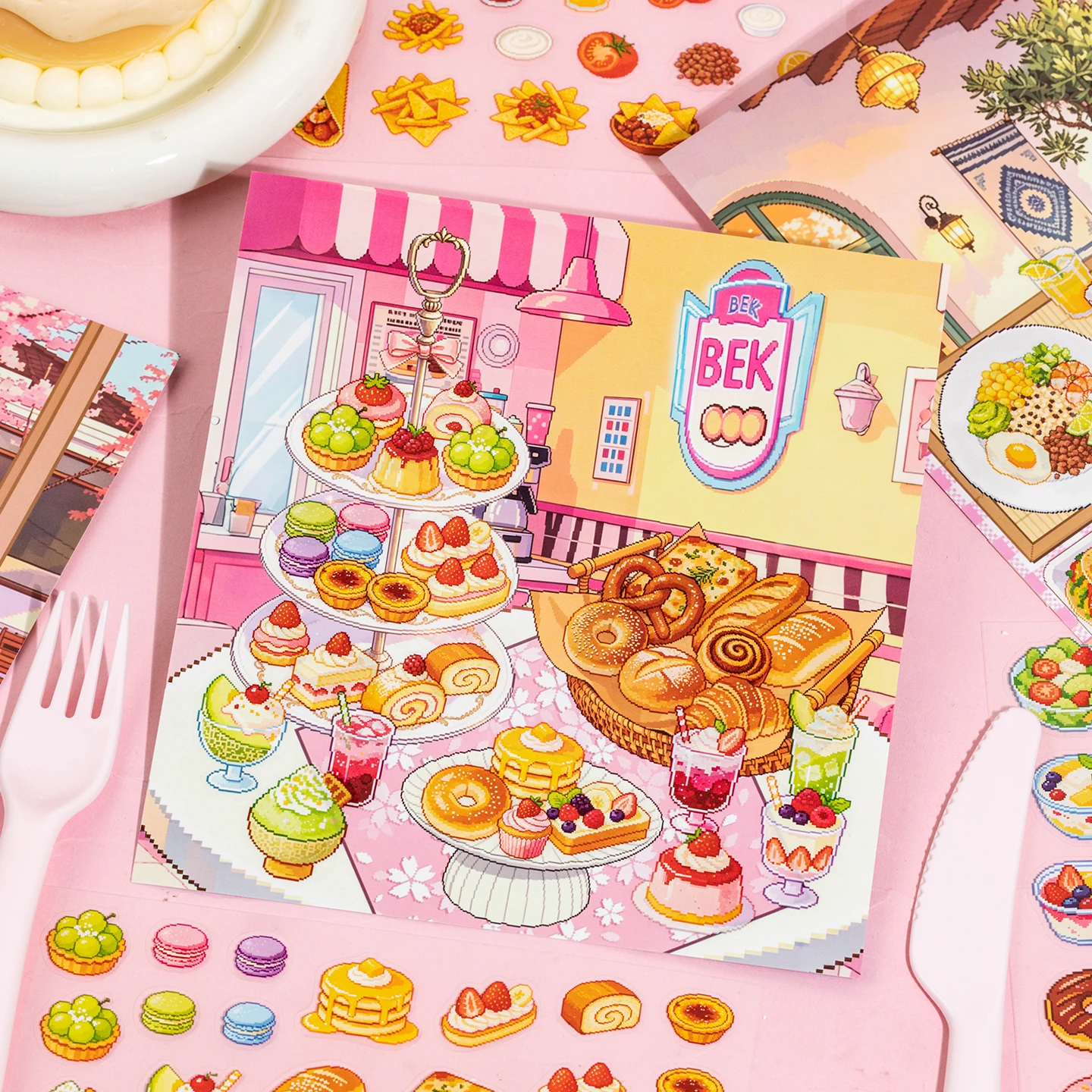 Kawaii Retro Chinese Food Transparent PET Stickers 15 Sheets, Pastry Fruits Ingredients Stickers for Hand‑Account DIY