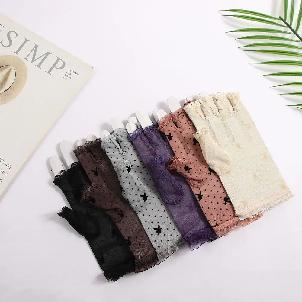 薄いゴシックレディースドットメッシュ中空ドライビンググローブ指なしミトンレース手袋ウサギの頭のパターン