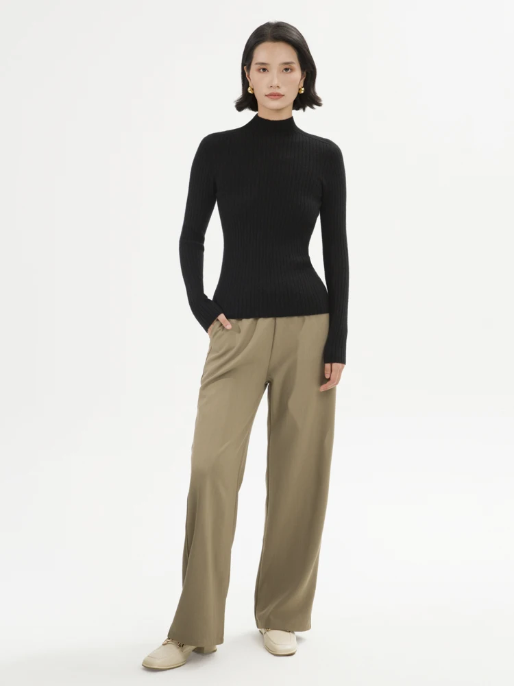 Basic Pullover Autumn Winter Women Sweater 100% Cashmere Sweater Mock Neck Slim Pullover Knitted Strip-Shaped Lines Inside Join