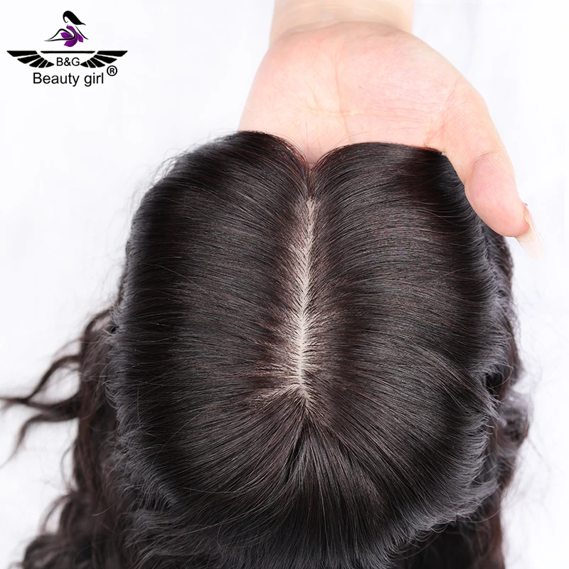 

Female Hair Loss Help Virgin Human Hair Silk Top Topper With Bangs For Women 5 Clips In Wavy Curls Toupee