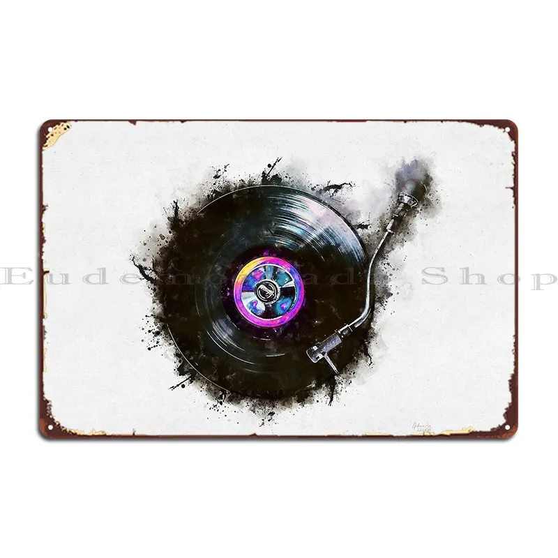 Vinyl Record Spinning On Turntable In Watercolor Metal Sign Plaques Living Room Wall Plaque Cinema Design Tin Sign Poster