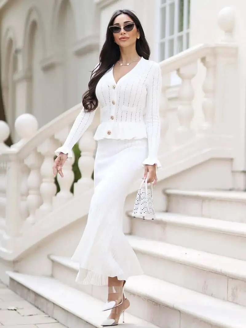 DGLUKE 여성용 니트 상의와 롱 스커트 세트 2피스 우아한 의상 2025 신상 스웨터 매칭 세트