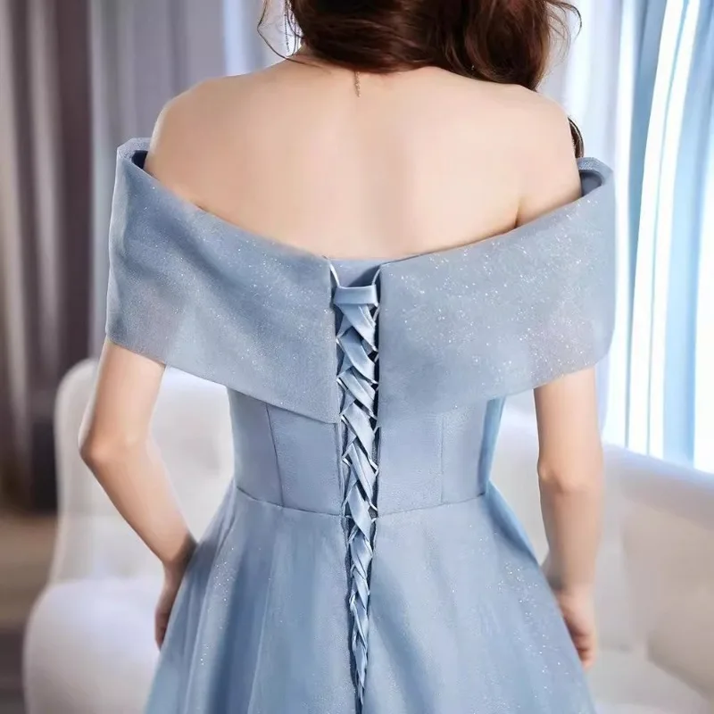 2025 Women's Summer New One Shoulder Blue Strap Bow Glitter Mesh Evening Dress Fashion Banquet Host Art Exam Dress