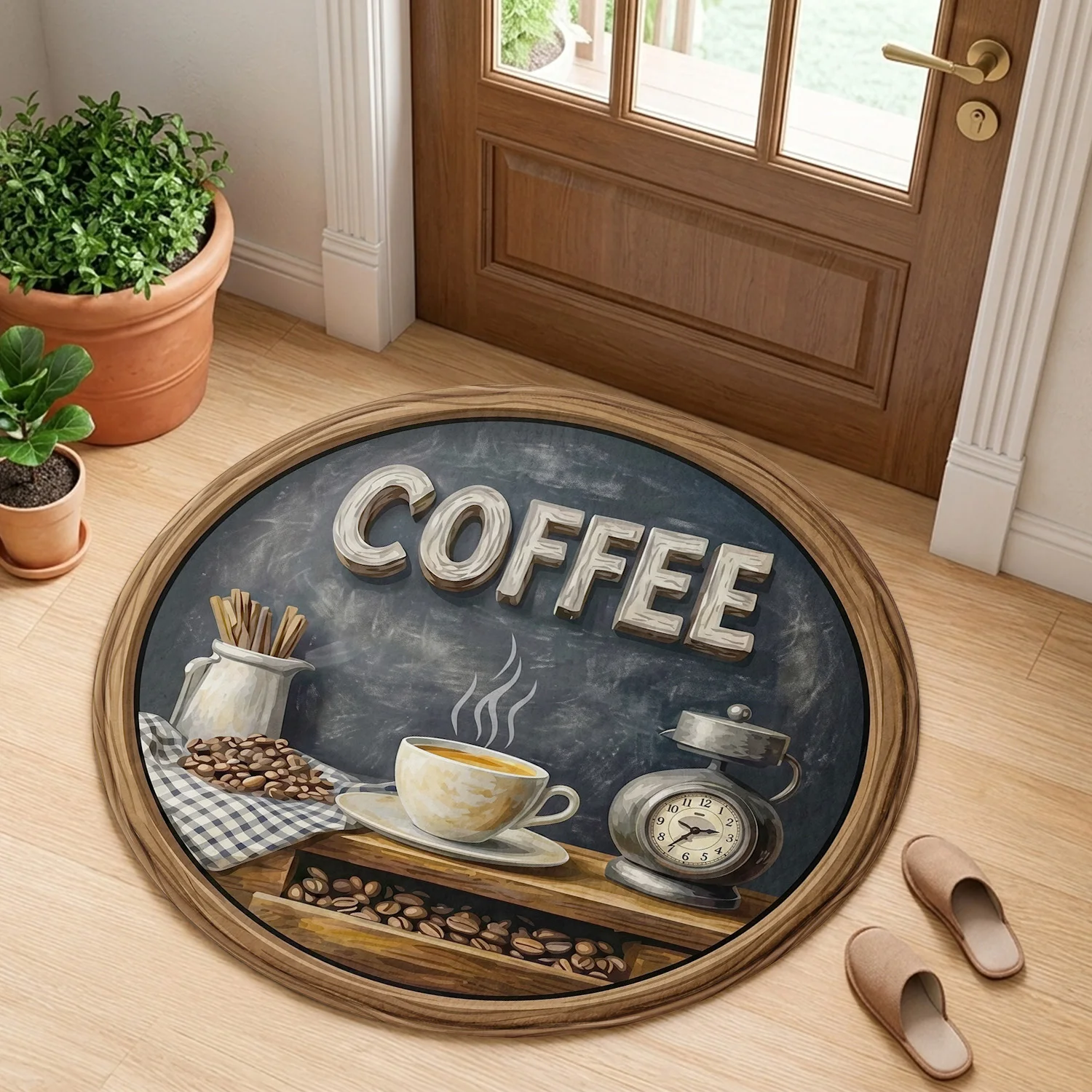 Vintage Coffee Time Round Kitchen Mat with Cup and Alarm Clock Illustration for Living Room, Bedroom